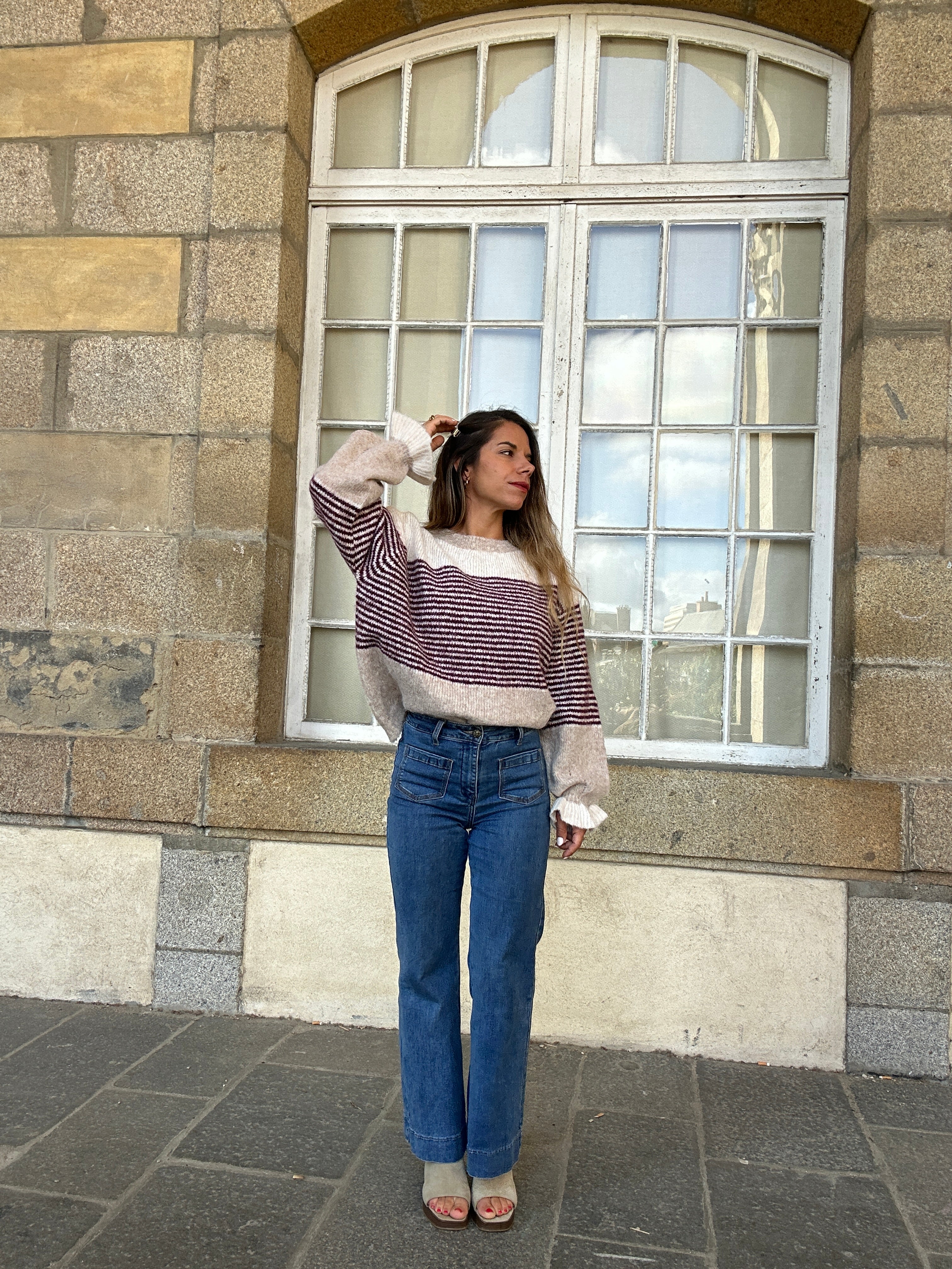 Pull Soline Taupe Rayé Bordeaux