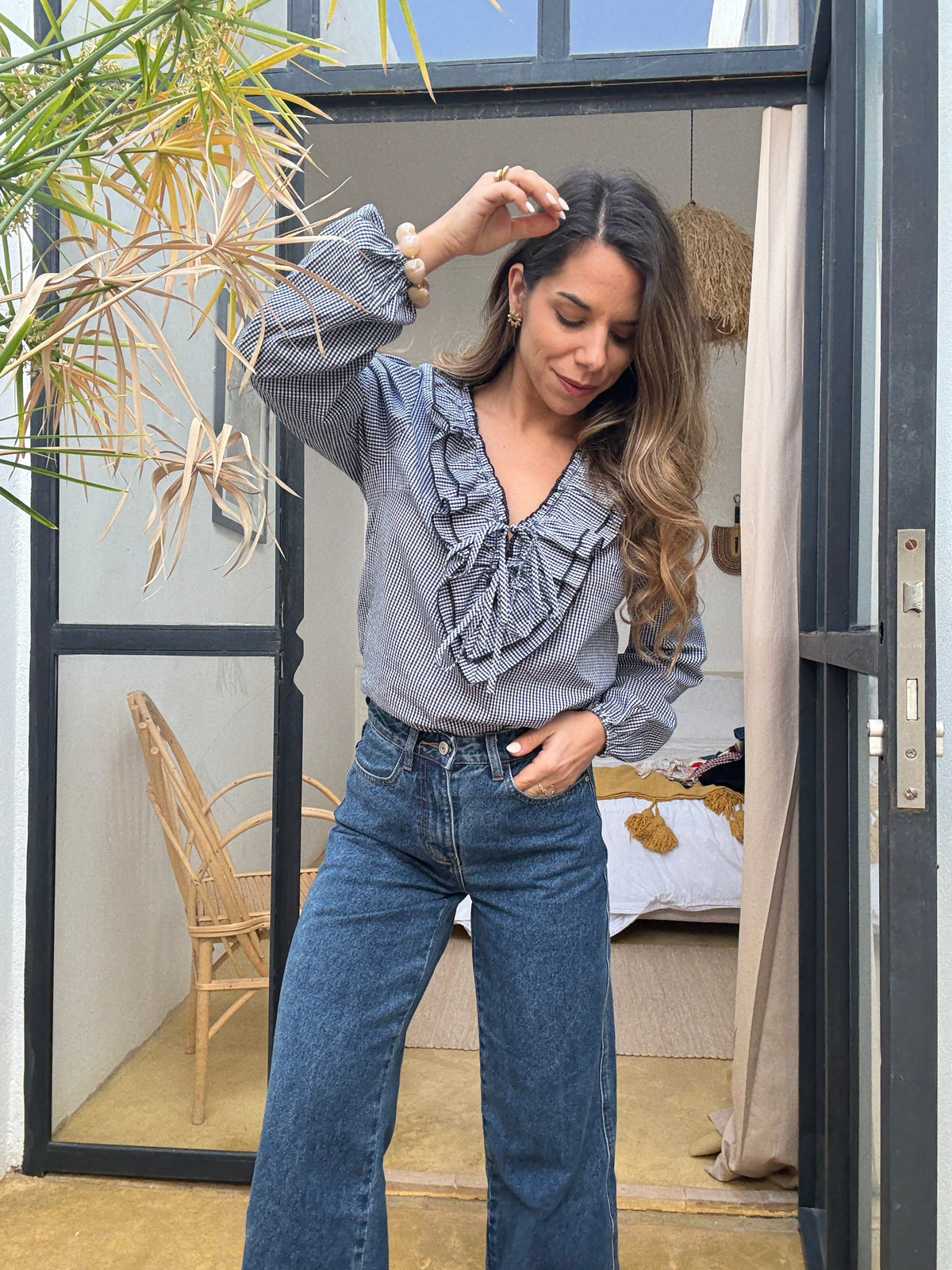 Stella navy blue gingham blouse
