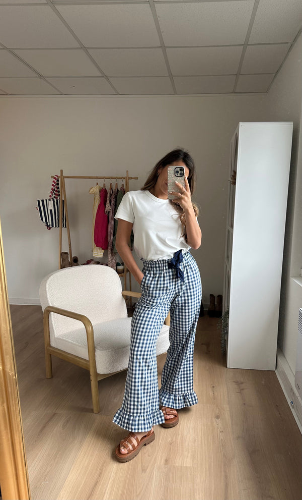 Pantalon Fluide Vichy À Volants Bleu Marine Julia