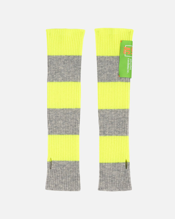 Long Flashy Striped Mittens - Light Heather Grey-Fluorescent Yellow - 100% 9GG Cashmere - Women's