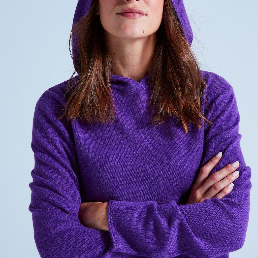 Gilet Capuche Finitions Roulées Leone - Aubergine - 100% Cachemire 12Gg - Mixte