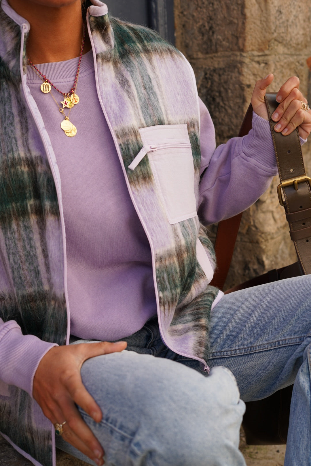 Léa Lilac Checked Sleeveless Jacket