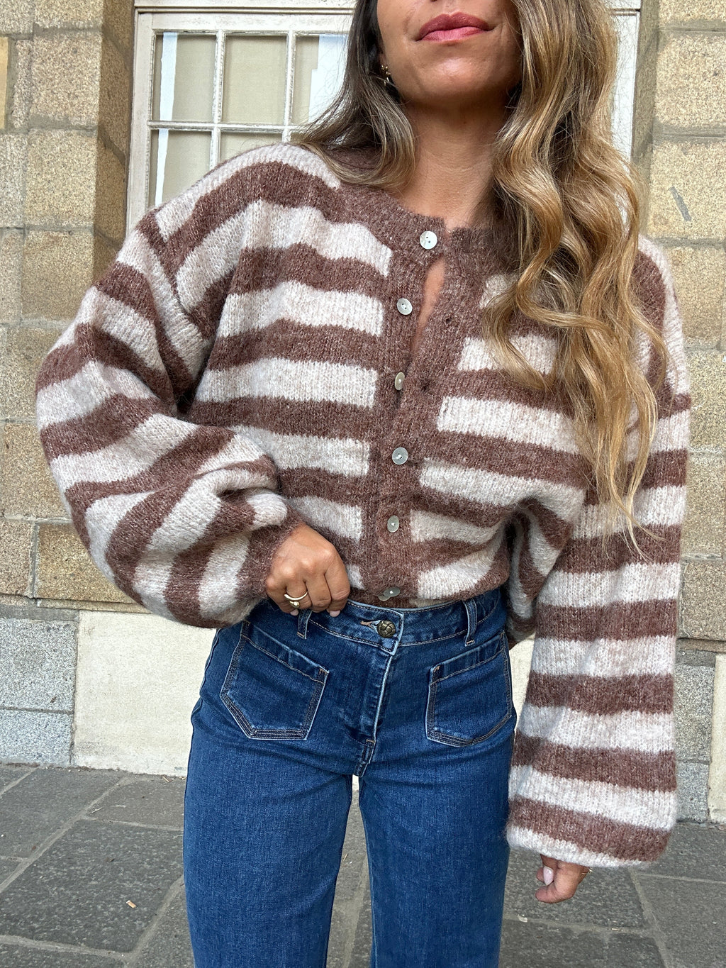 Cardigan Véra Rayé Camel Et Beige