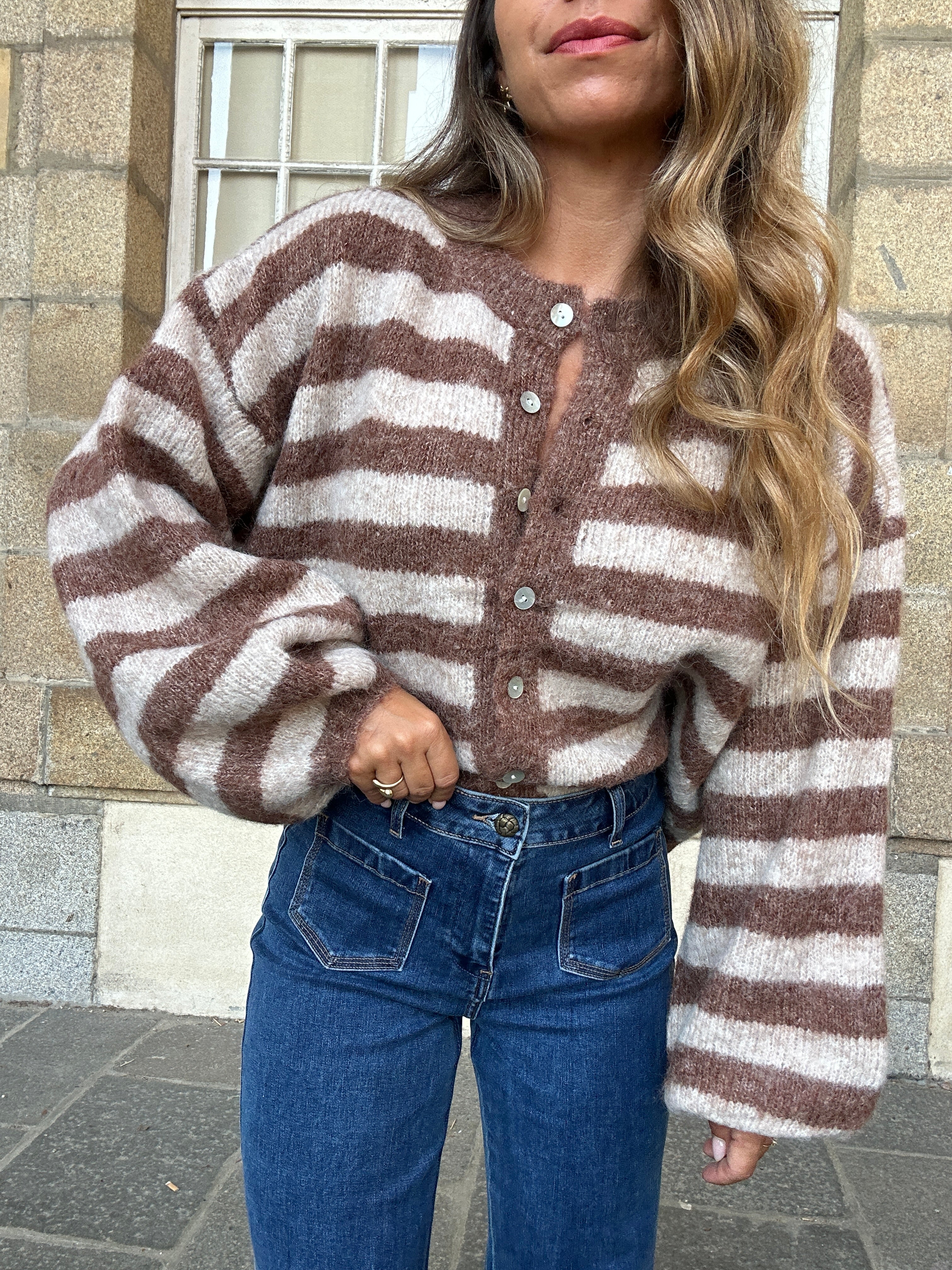 Cardigan Véra Rayé Camel Et Beige