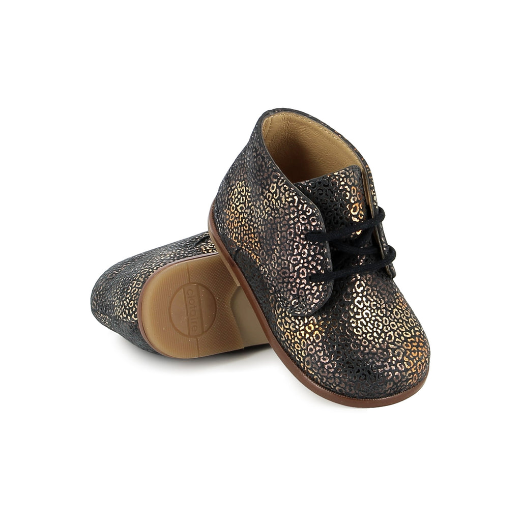 Pom d'Api – Clotaire Sl - Agnan Bottine - Noir, Babyschuhe in Schwarz und Gold mit Leopardenmuster, schwarze Schnürsenkel, braune Sohlen