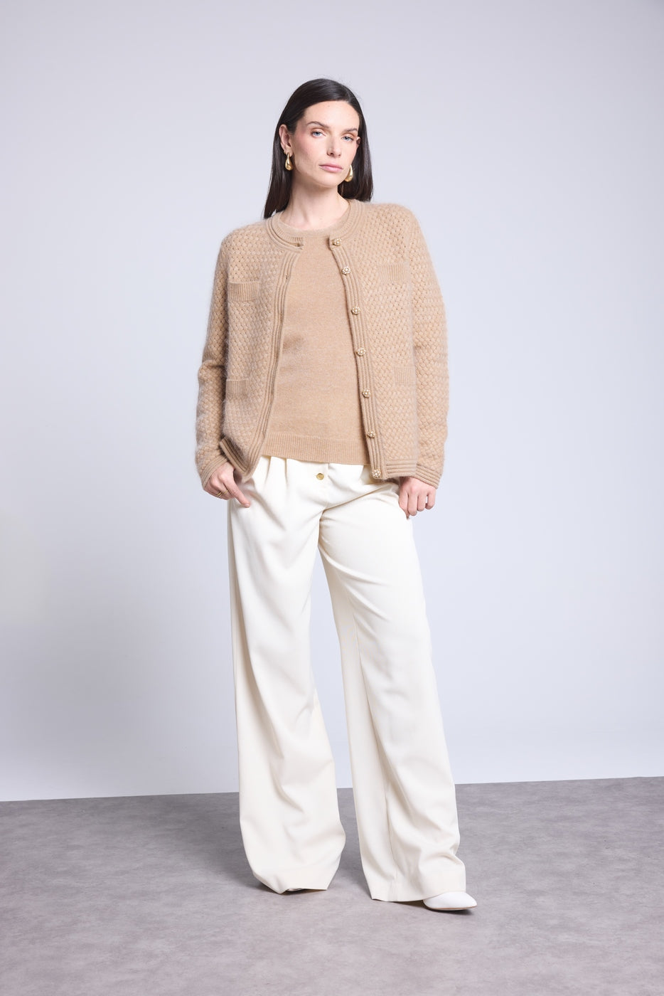 Cárdigan con botones joya de cachemira cepillada Aguilaecoland - Beige crema - Mujer