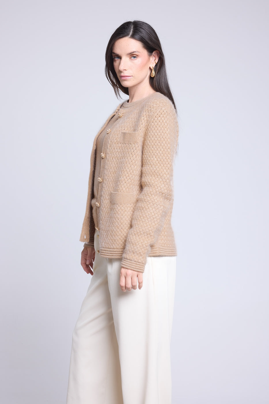 Cárdigan con botones joya de cachemira cepillada Aguilaecoland - Beige crema - Mujer