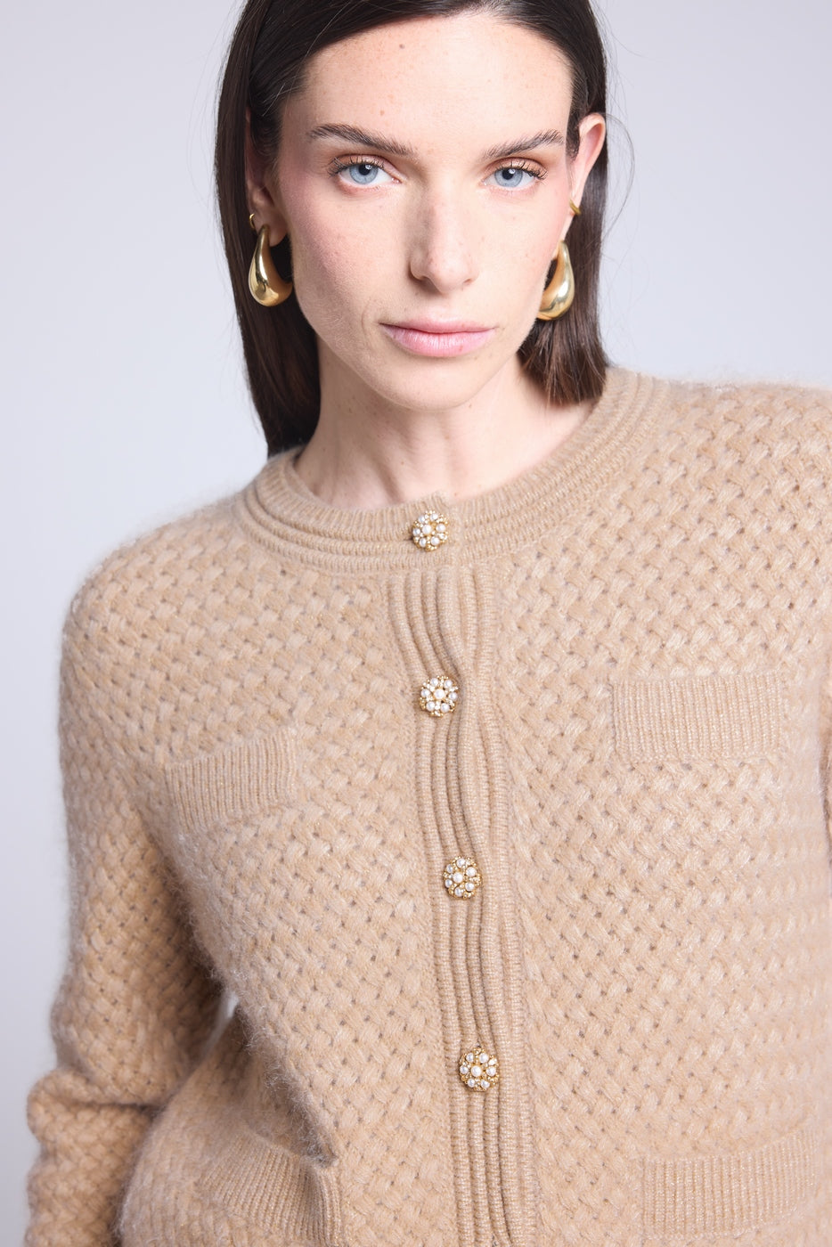 Cárdigan con botones joya de cachemira cepillada Aguilaecoland - Beige crema - Mujer