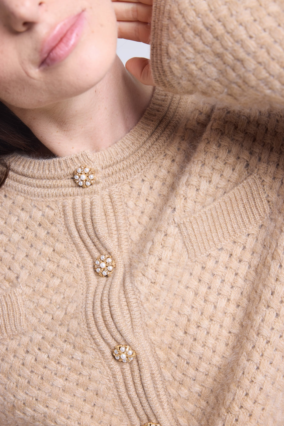 Cárdigan con botones joya de cachemira cepillada Aguilaecoland - Beige crema - Mujer