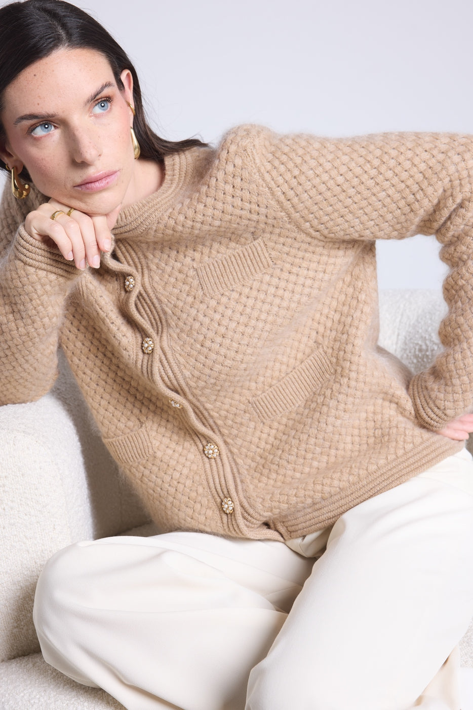 Cárdigan con botones joya de cachemira cepillada Aguilaecoland - Beige crema - Mujer