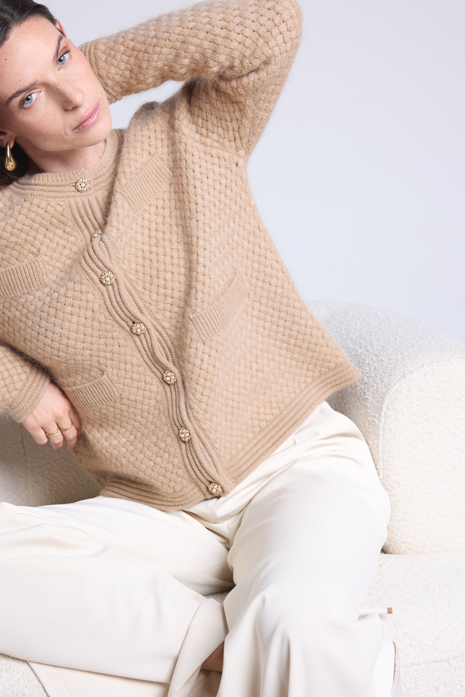 Cárdigan con botones joya de cachemira cepillada Aguilaecoland - Beige crema - Mujer