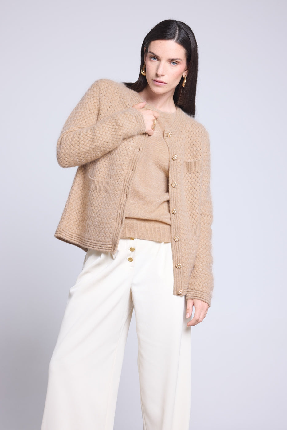 Cárdigan con botones joya de cachemira cepillada Aguilaecoland - Beige crema - Mujer