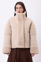 Chaqueta de lana y piel de oveja Alaska - gris beige - mujer