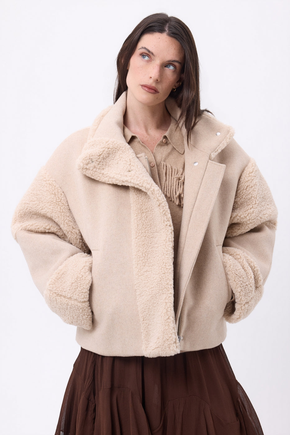 Chaqueta de lana y piel de oveja Alaska - gris beige - mujer