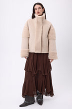 Chaqueta de lana y piel de oveja Alaska - gris beige - mujer