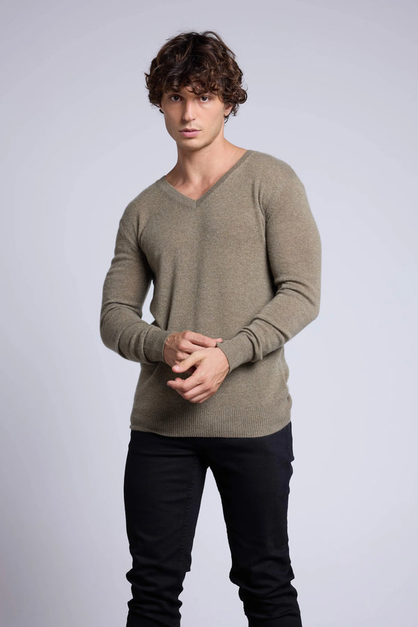 Pull Col V Alex - Vert Khaki - Homme - 100% Cachemire