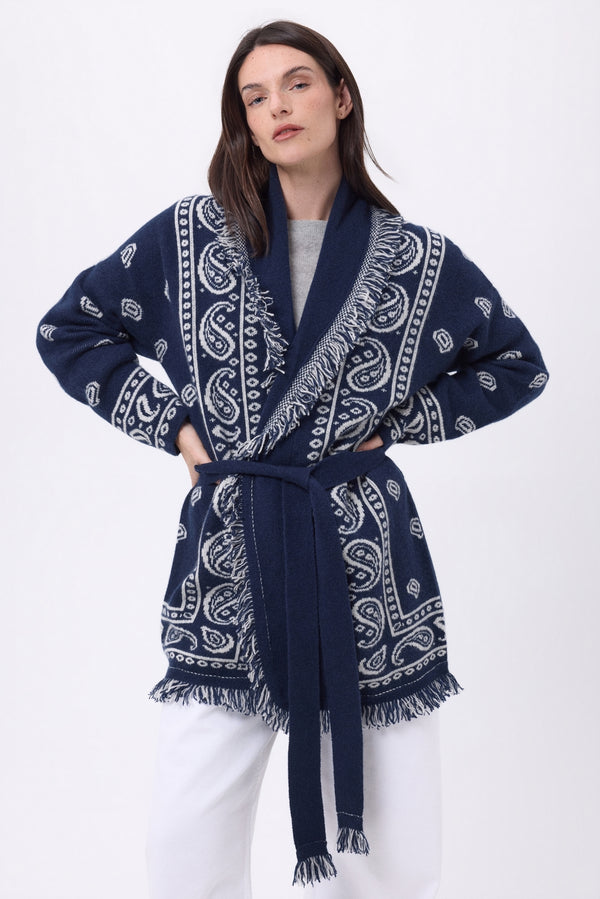 Gilet Oversize À Ceinture Alya - Bleu Marine Blanc - Femme - 100% Cachemire