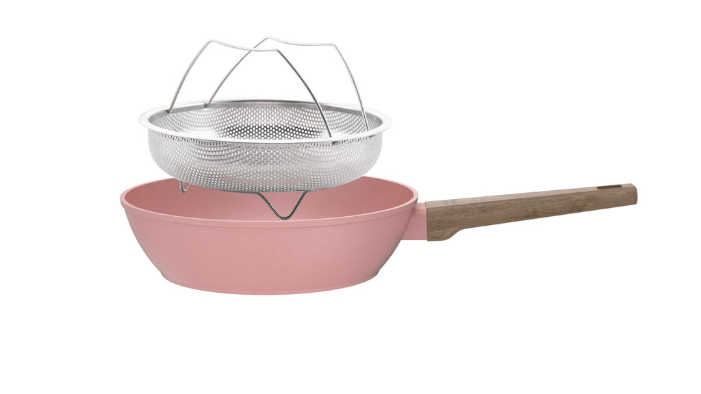Sartén Con Tapa + Cesta 28cm - Aluminio Forjado - Revestimiento Cerámico - Rosa