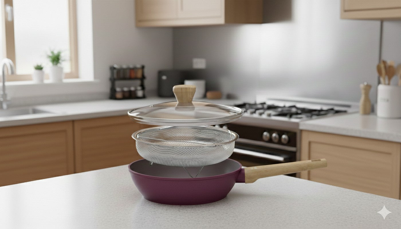 Sauteuse 28cm Avec Couvercle + Panier - Aluminium Forgé - Revêtement Céramique - Prune