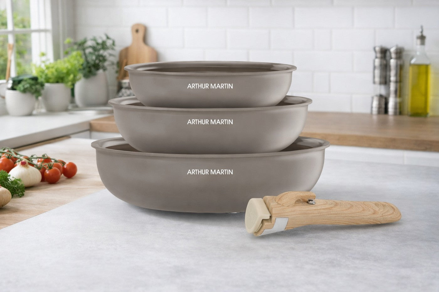 Set 3 Poêles 20/24/28cm - Aluminium - Revêtement Céramique - Taupe