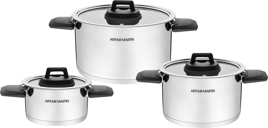 Set 3 Marmites 2/4/6L - Poignées Rabattables - Acier Inoxydable - Inox