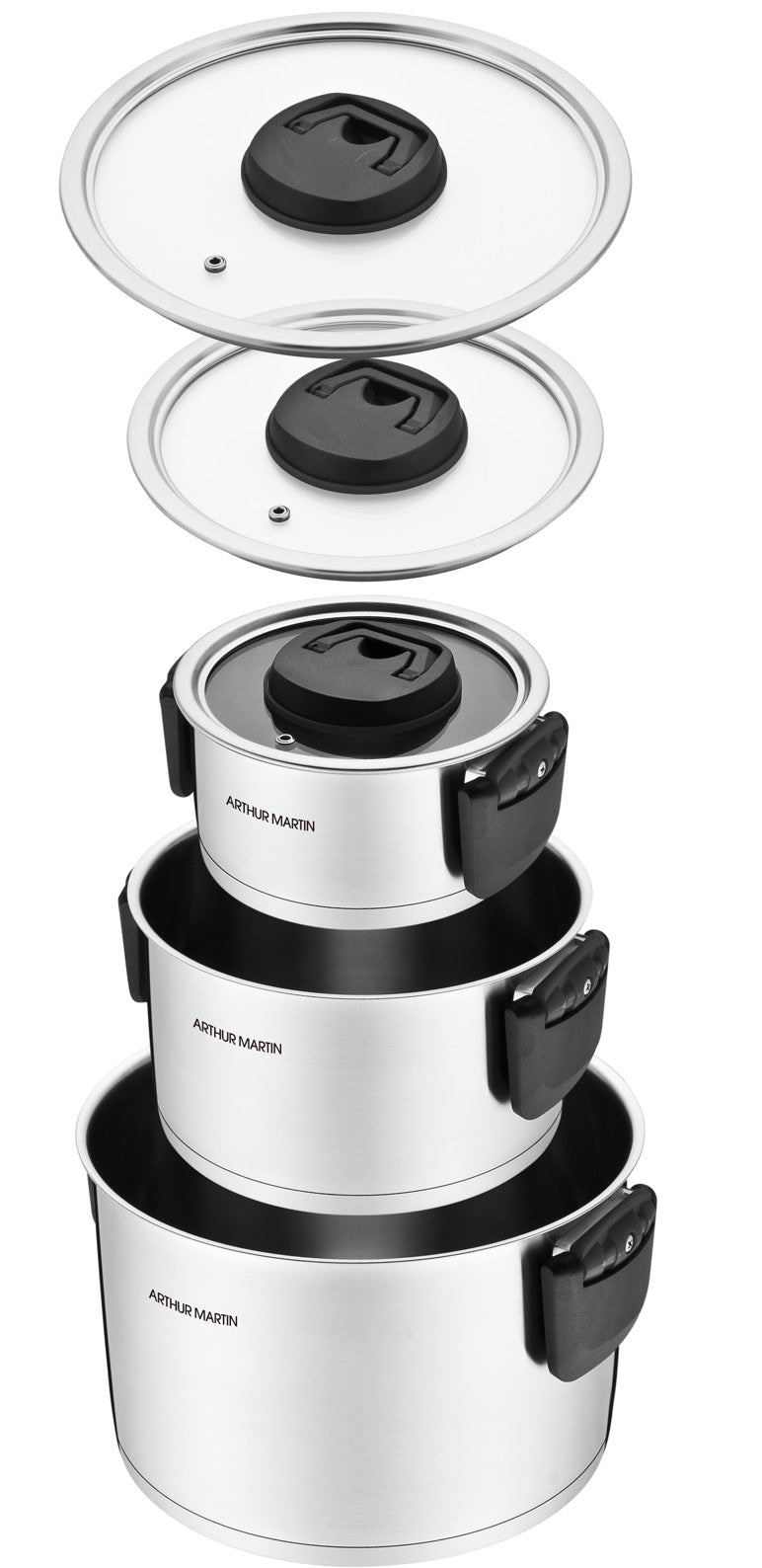 Set 3 Marmites 2/4/6L - Poignées Rabattables - Acier Inoxydable - Inox