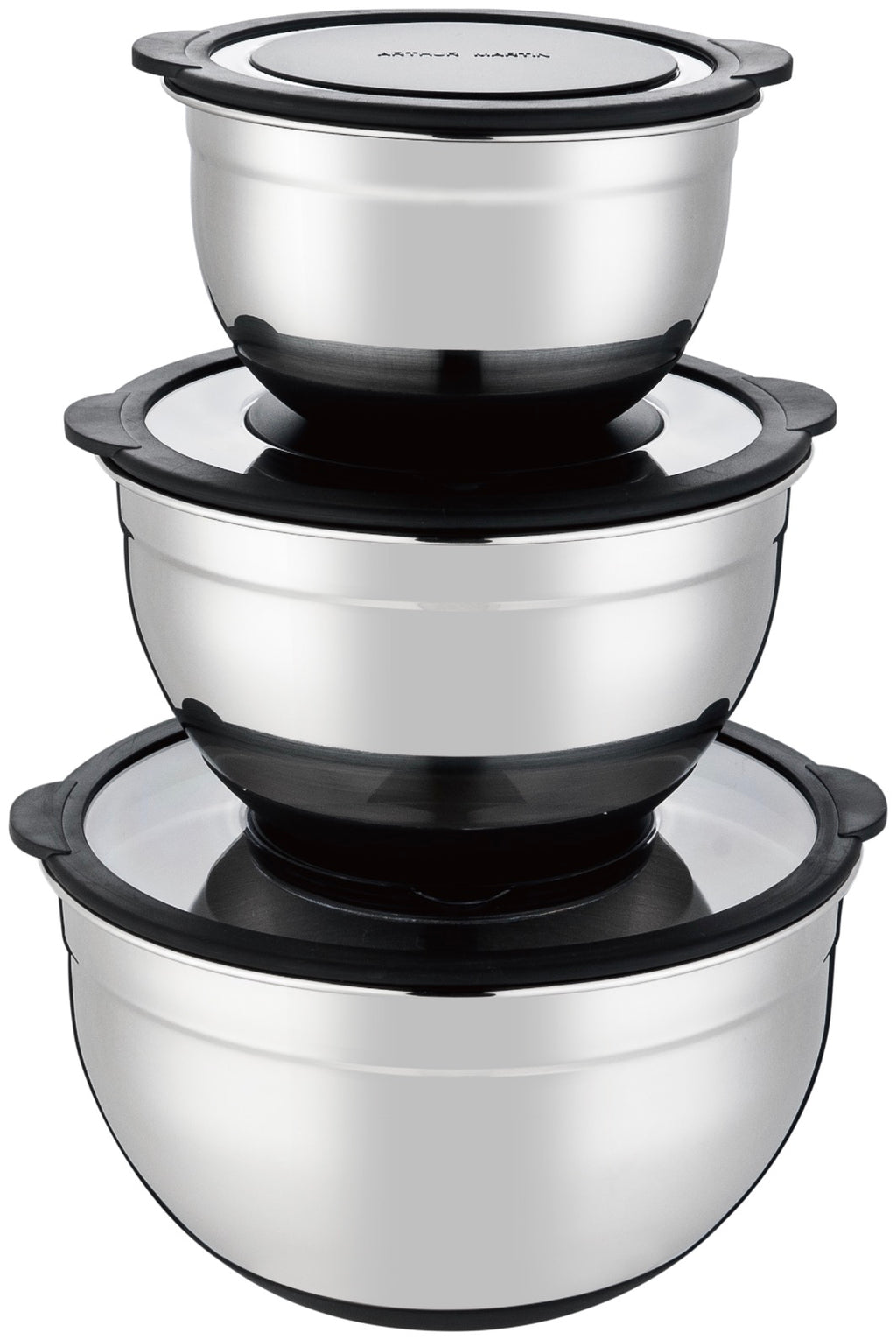 Set Of 3 Salad Bowls With Lid 16-20-24 Cm - Stainless Steel And Black