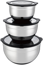 Set Of 3 Salad Bowls With Lid 16-20-24 Cm - Stainless Steel And Black