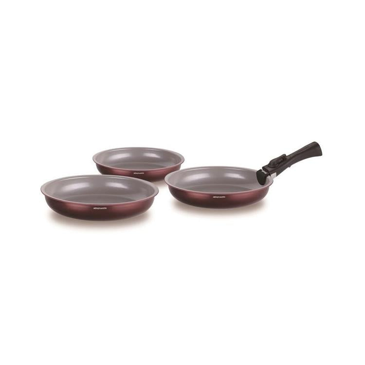 Set Of 3 Frying Pans 20-24-28 + 1 Handle - Burgundy