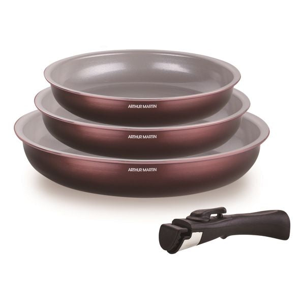 Set Of 3 Frying Pans 20-24-28 + 1 Handle - Burgundy