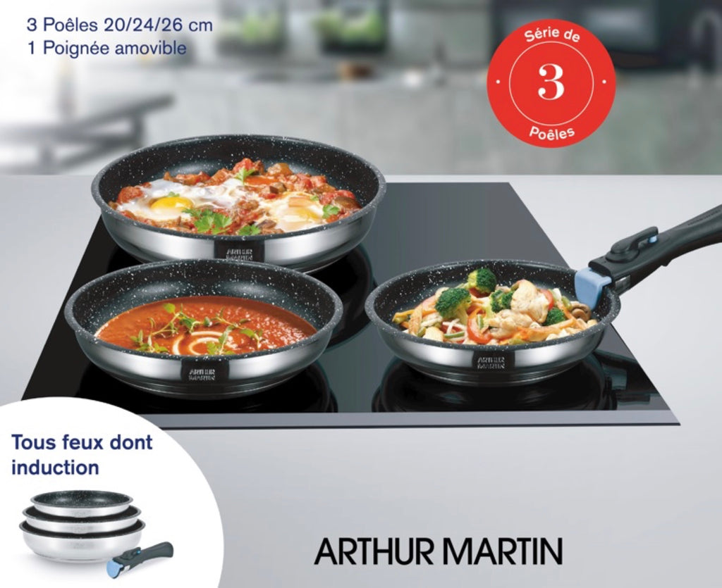 Set 3 Poêles 20/24/26cm - Intérieur Anti-Adhésif - Acier Inoxydable - Inox