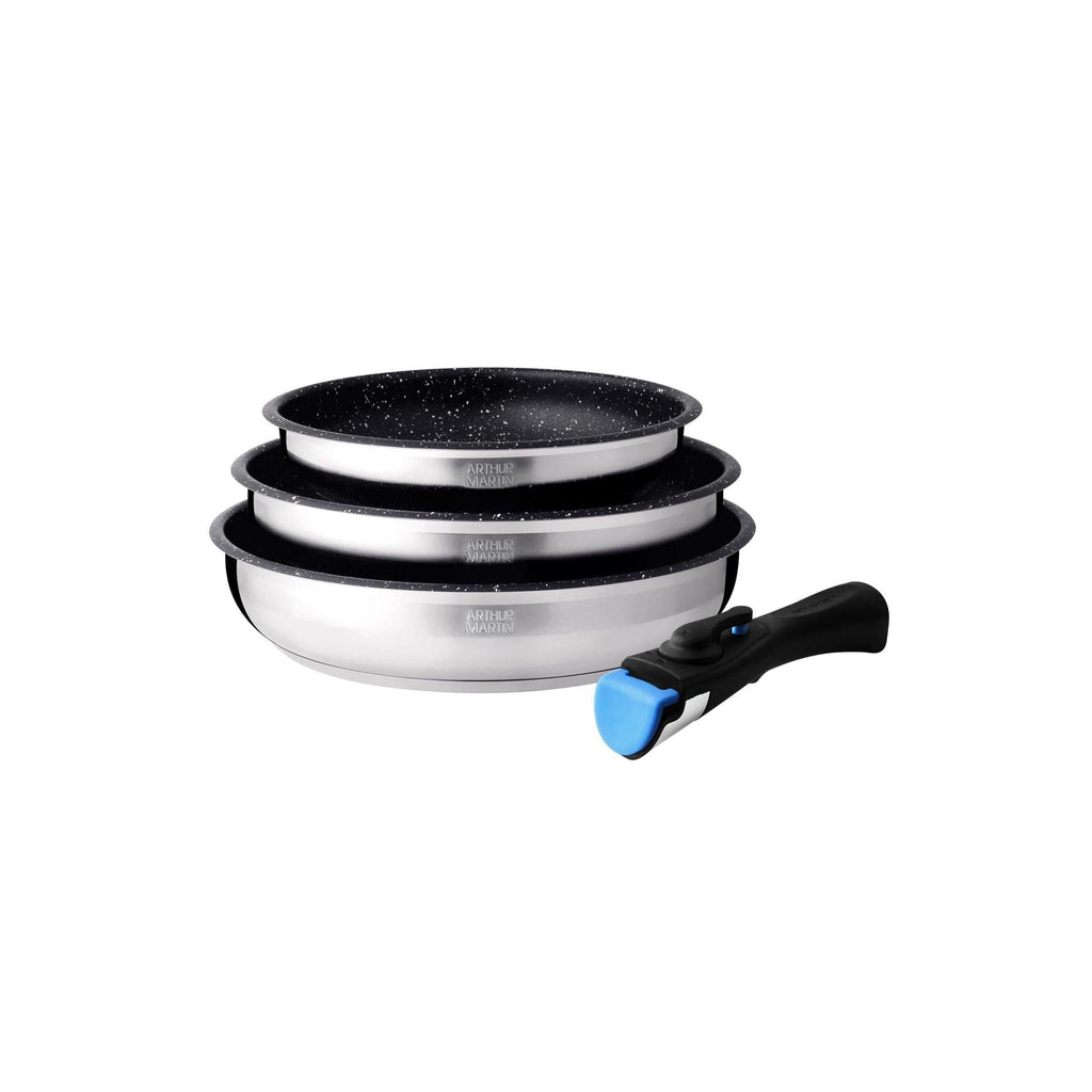 Set 3 Poêles 20/24/26cm - Intérieur Anti-Adhésif - Acier Inoxydable - Inox