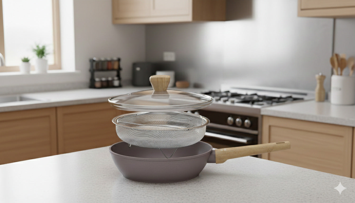 Sartén Con Tapa + Cesta 28cm - Aluminio Forjado - Revestimiento Cerámico - Taupe
