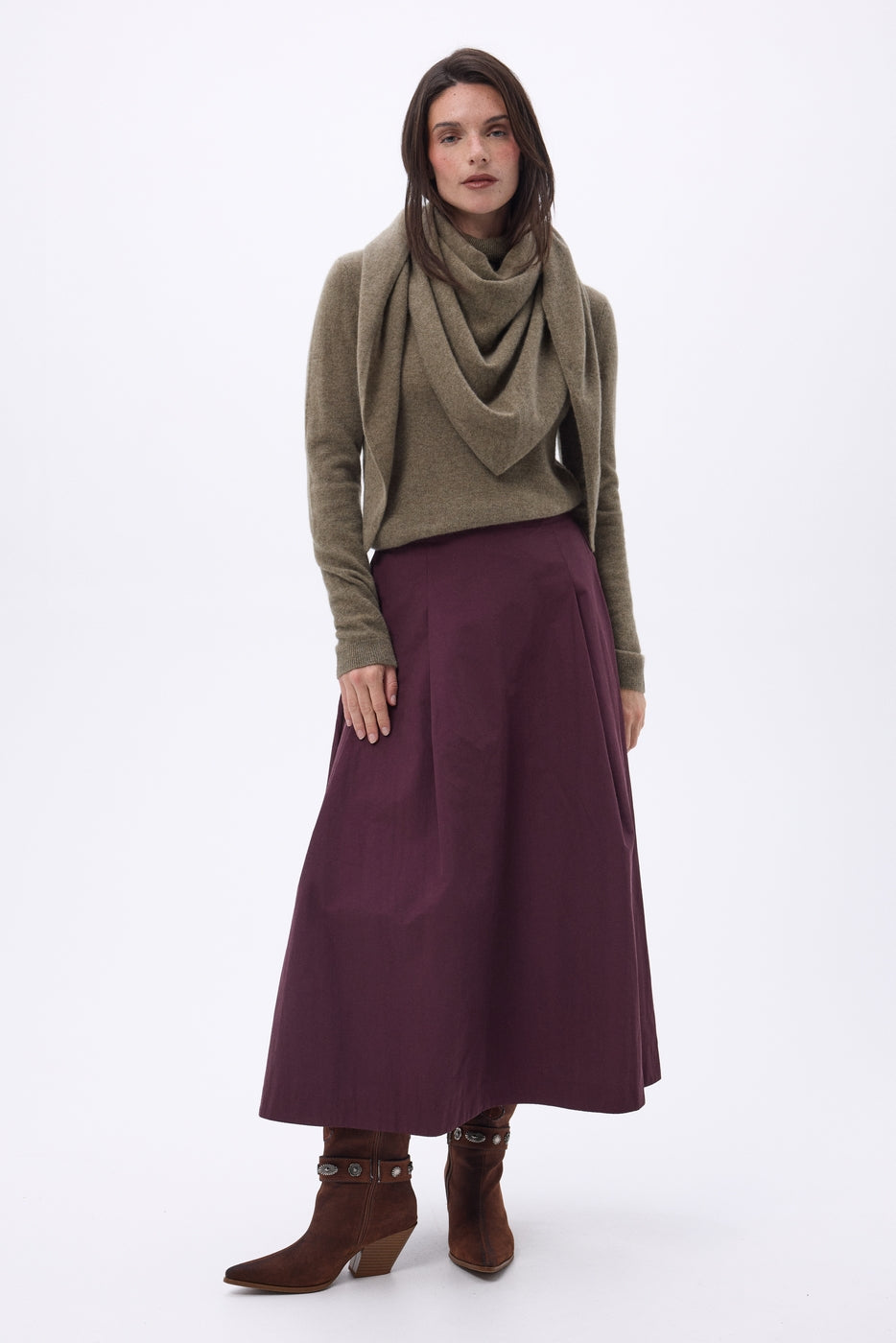 Amel Plain Oversized Triangular Bandana Scarf - Khaki Marl - Women