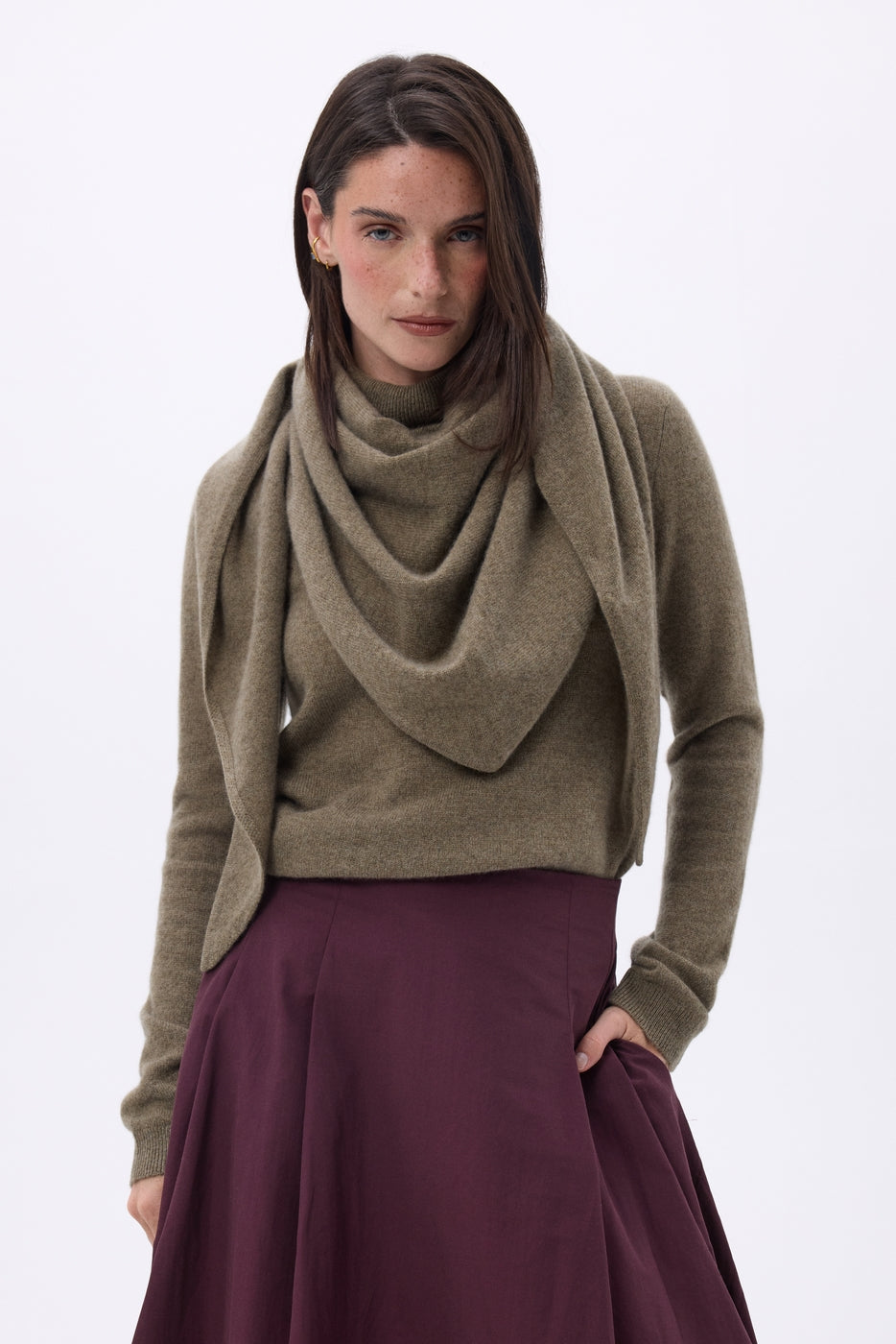 Amel Plain Oversized Triangular Bandana Scarf - Khaki Marl - Women