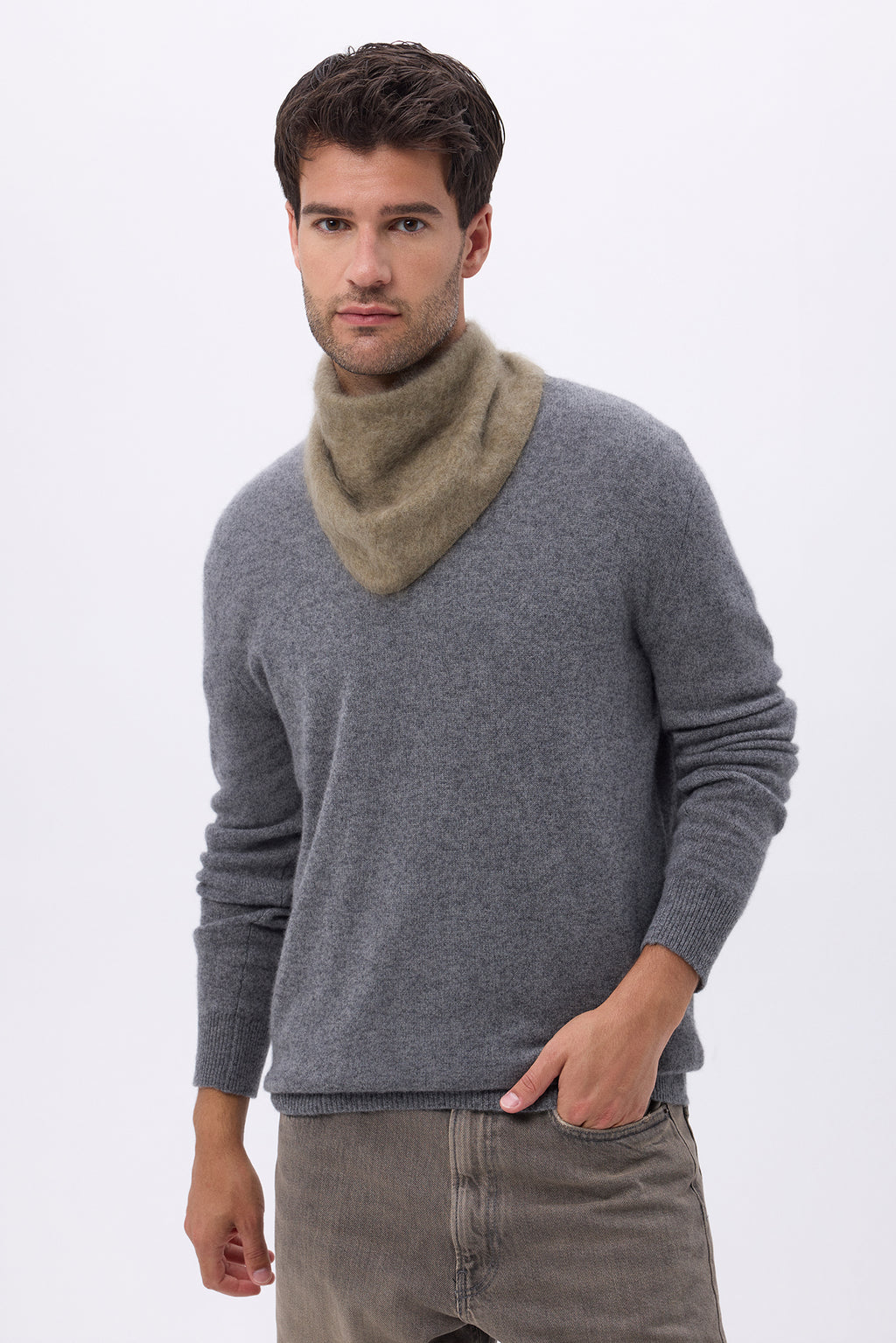 Apaszka trójkątna – Czesany kaszmir Bandana Amel - Khaki - Męska