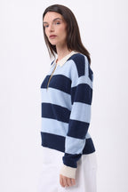Pull Col Polo À Rayures Anja - Bleu Ciel Bleu Marine - Femme