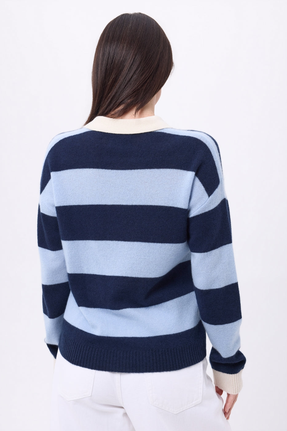 Pull Col Polo À Rayures Anja - Bleu Ciel Bleu Marine - Femme