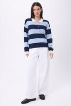 Pull Col Polo À Rayures Anja - Bleu Ciel Bleu Marine - Femme