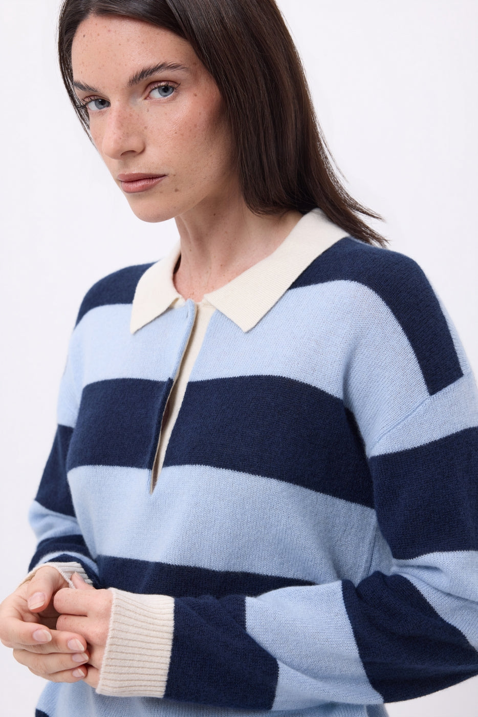Pull Col Polo À Rayures Anja - Bleu Ciel Bleu Marine - Femme