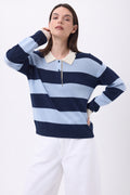 Pull Col Polo À Rayures Anja - Bleu Ciel Bleu Marine - Femme