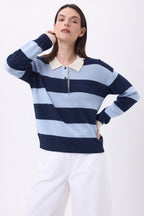 Pull Col Polo À Rayures Anja - Bleu Ciel Bleu Marine - Femme