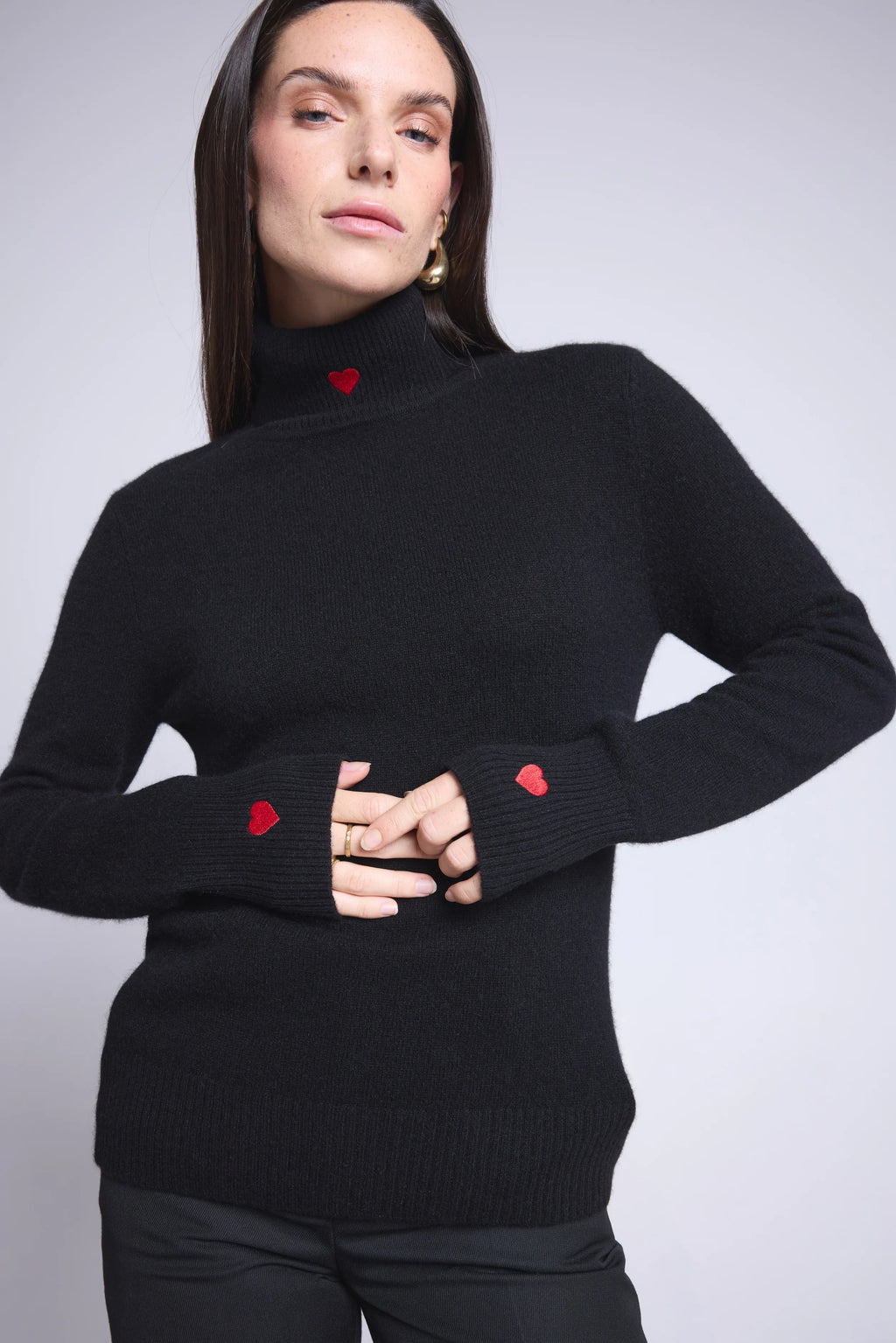 Pull Col Roule Cœur Broderie Anny - Noir Rouge - Femme