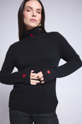 Pull Col Roule Cœur Broderie Anny - Noir Rouge - Femme