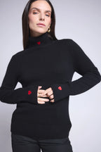 Pull Col Roule Cœur Broderie Anny - Noir Rouge - Femme