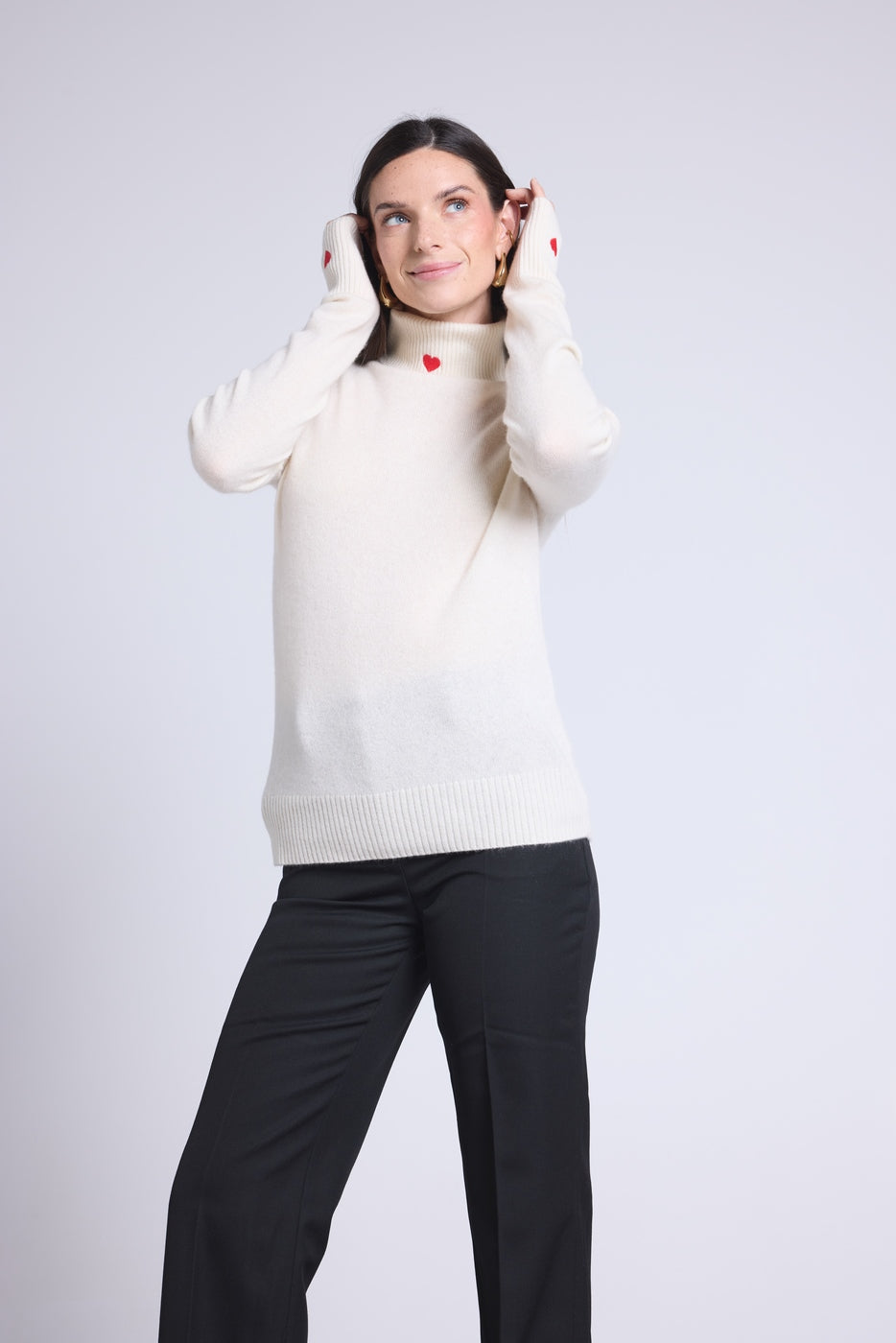 Anny Heart Embroidered Roll-Neck Jumper - White Red - Women