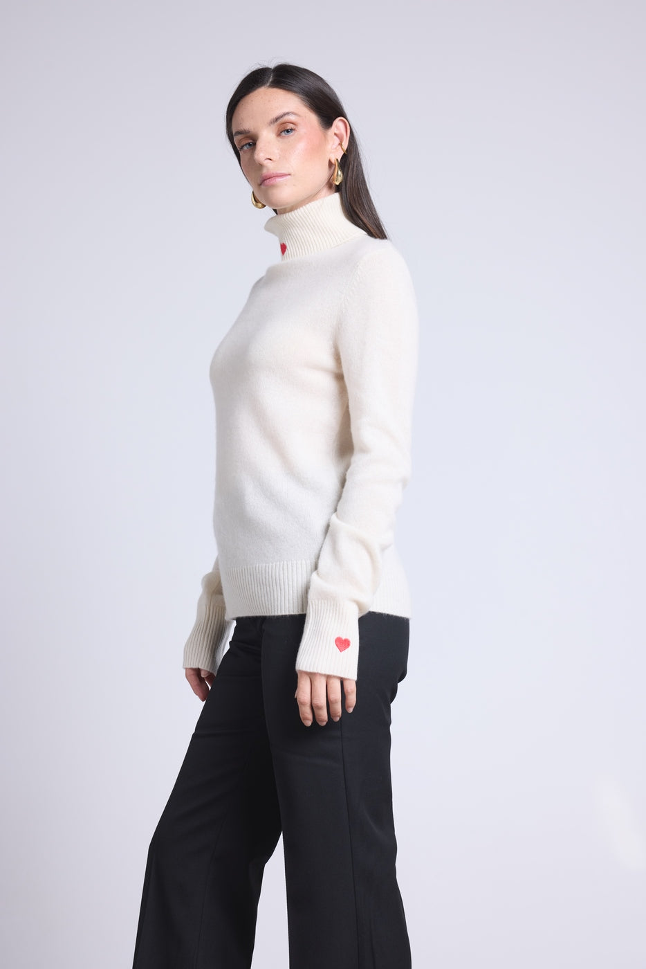 Anny Heart Embroidered Roll-Neck Jumper - White Red - Women