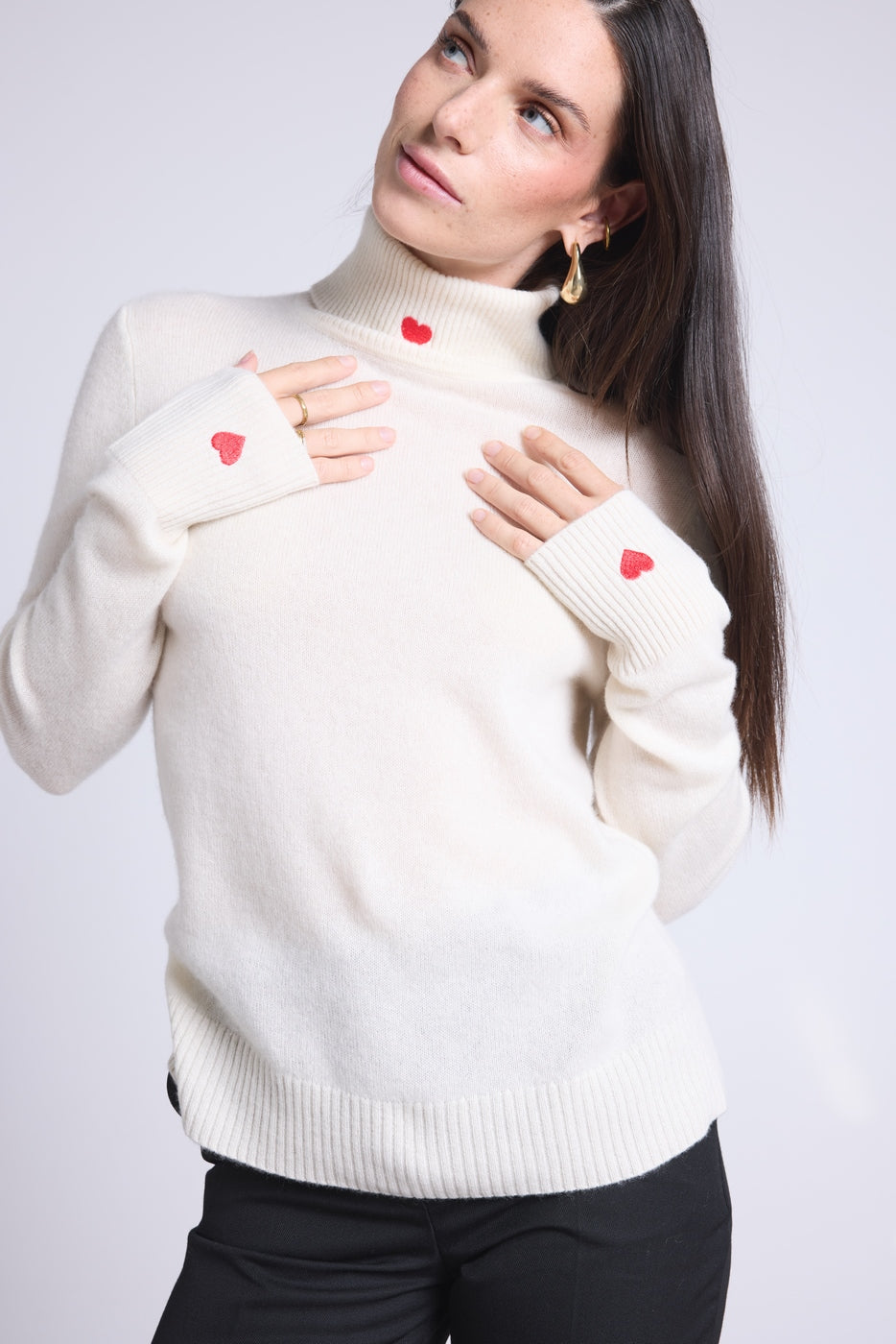 Anny Heart Embroidered Roll-Neck Jumper - White Red - Women