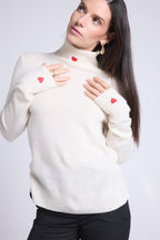 Anny Heart Embroidered Roll-Neck Jumper - White Red - Women