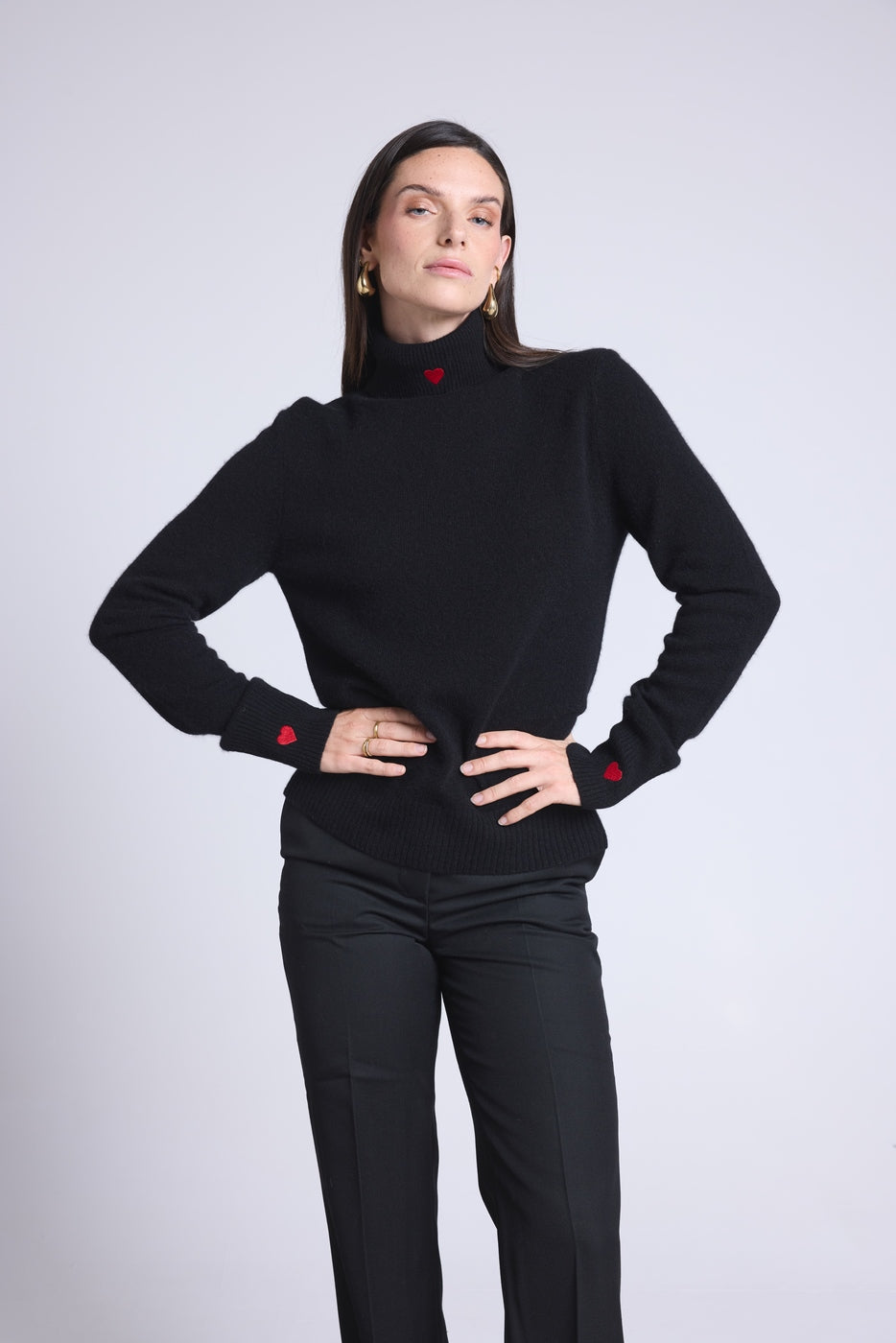 Pull Col Roule Cœur Broderie Anny - Noir Rouge - Femme
